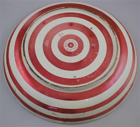 A William de Morgan ruby and sepia lustre Swallows charger, c.1881, painted by Charles Passenger, 37.5cm